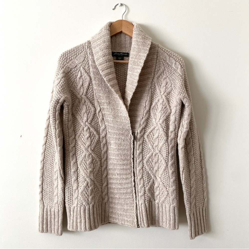 Eddie Bauer Women's White Cream Fisherman Front Zip Shawl Collar Sweater Size M